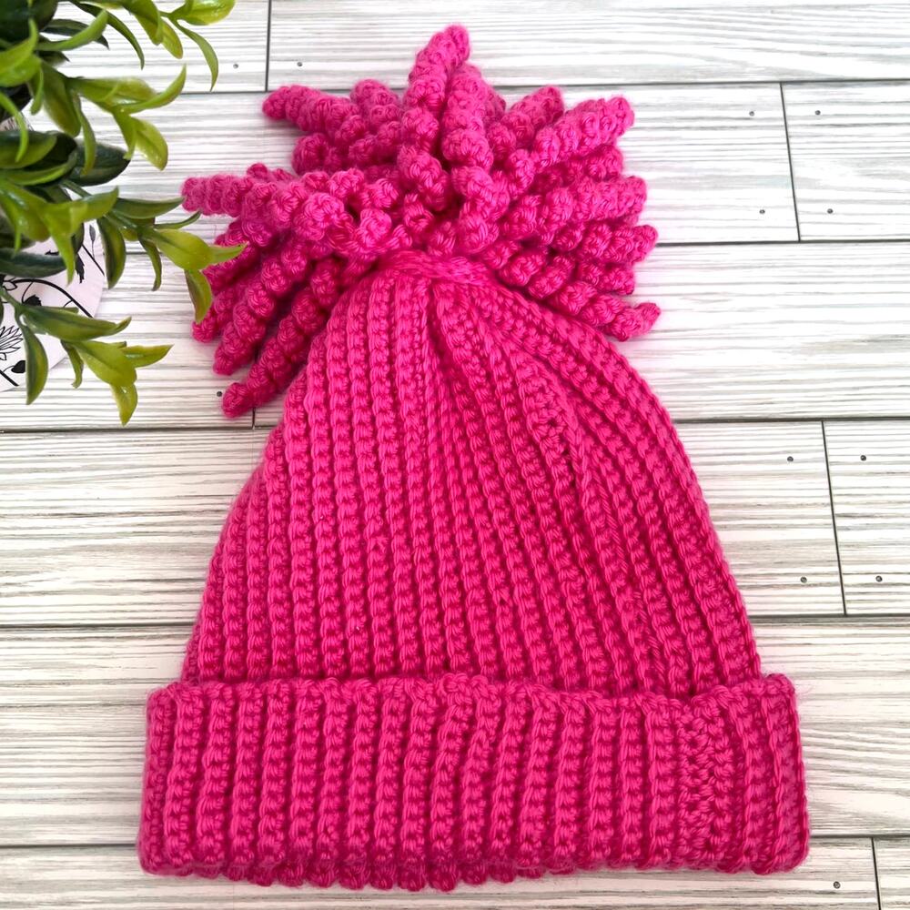 New Handmade Crochet Hot Pink Curly Pom Pom Girl's Knit Winter Hat
